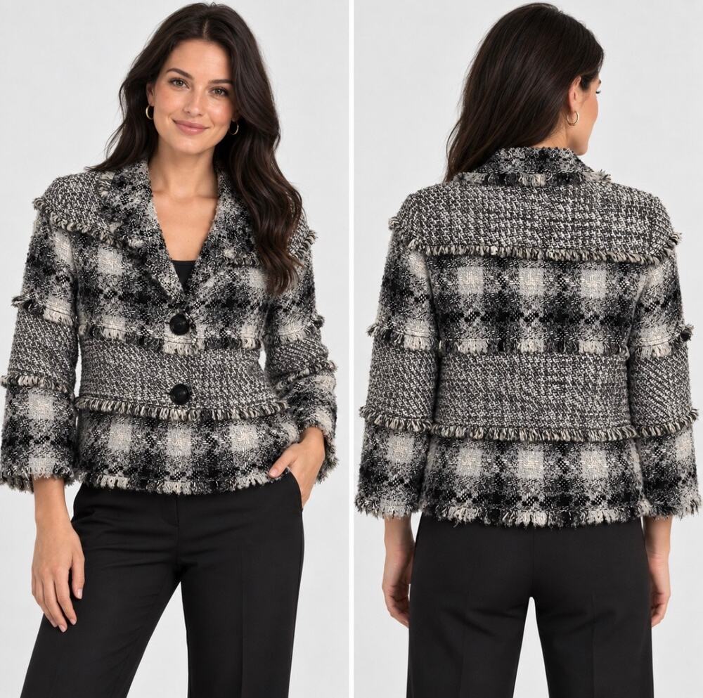 Ruby Rd Petite 6P Black Gray Tweed Fringe Blazer Jacket Metallic Lined